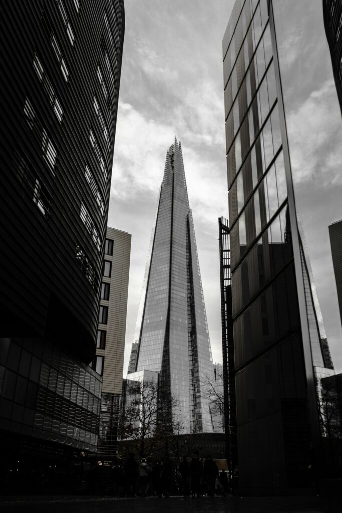 The Shard seen between London office buildings